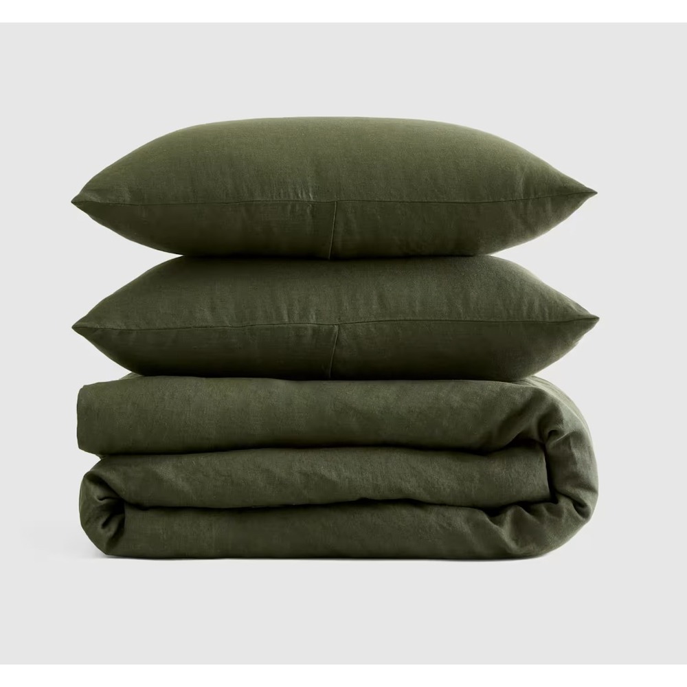 Quince European Linen Duvet Cover Set Full/Queen Pine Green with Shams